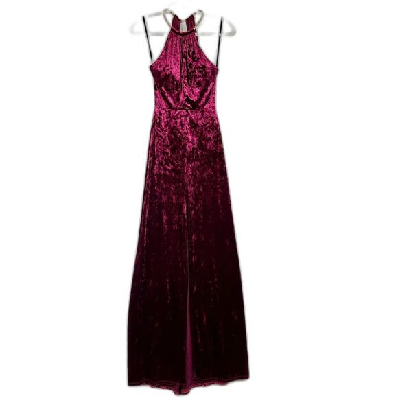 B Darlin Vingate Y2K Velvet Maxi Dress Size 1/2 Burgundy Open Back Thigh Slit - Picture 1 of 8